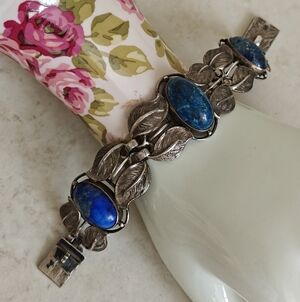 OOAK Sterling Silver Leaf Bracelet with  Lapis Lazuli Oval Cabochon Stones VTG